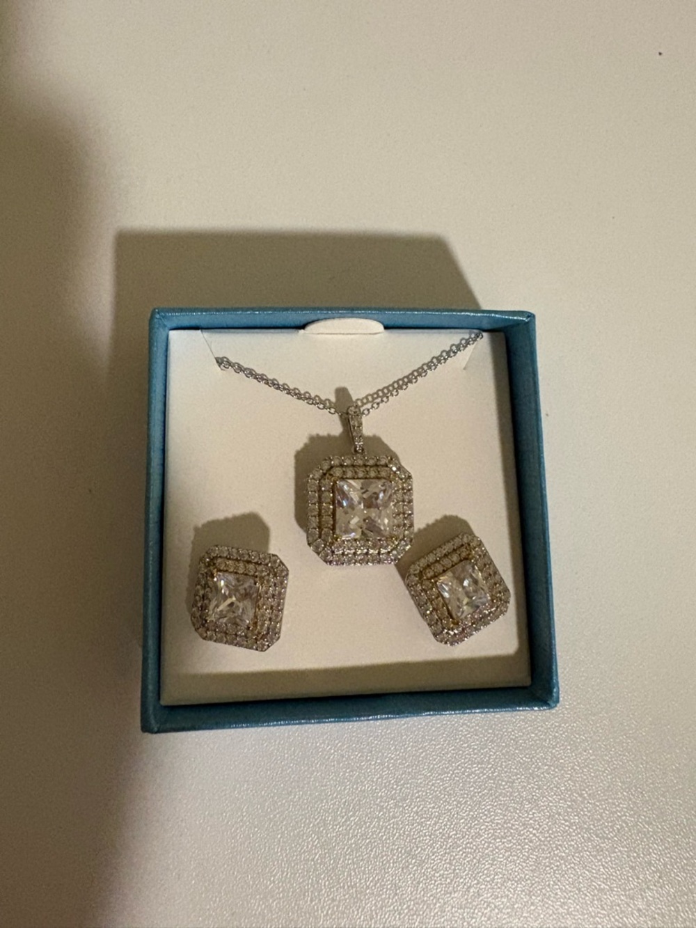 Silver Square Halo Crystal Necklace and Stud Earrings - Silver